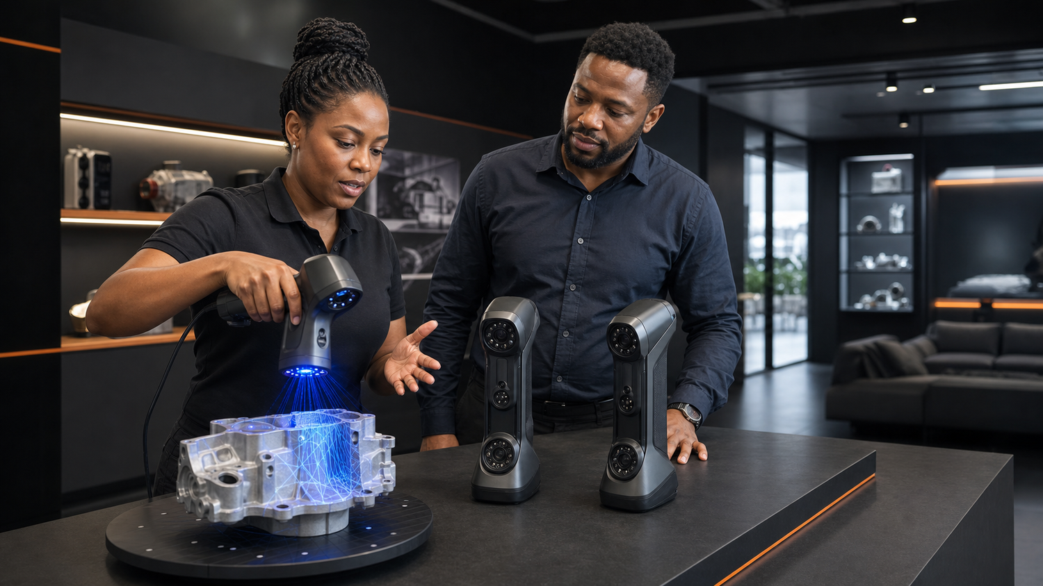 South African buyer comparing professional handheld 3D scanners during a demonstration
