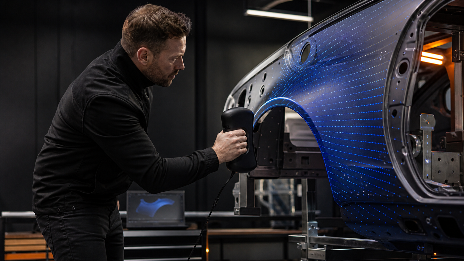 Technician using a handheld 3D scanner on an automotive body panel