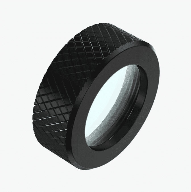 Protective cover for a laser engraving machine lens, highlighting its transparent finish.