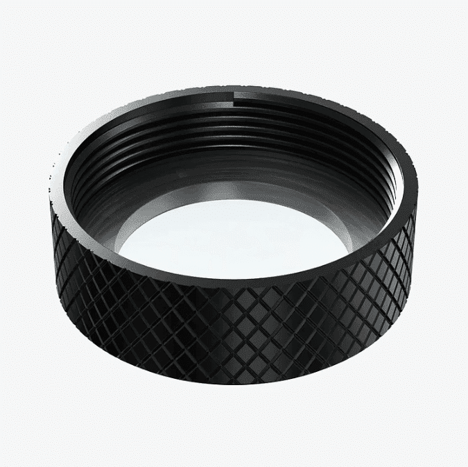 Close-up of a laser lens with a durable and precision-engineered design.