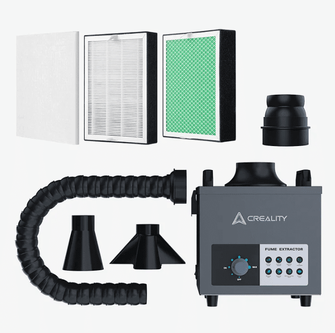 Portable fume extractor capturing smoke from a 3D printer.