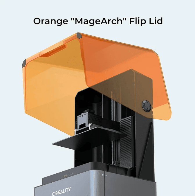 Close-up of Creality Halot-Mage 8K Resin printer showing print bed