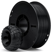 ELEGOO TPU 95A Black Flexible Filament 1.75mm 1kg paper spool with example 3D printed TPU tyre, demonstrating high flexibility, durability and impact resistance for FDM 3D printing.