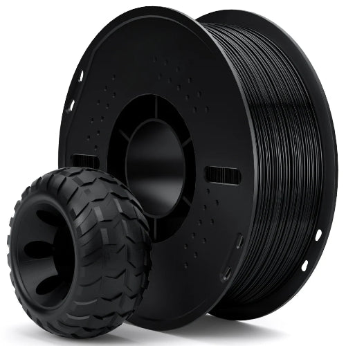 ELEGOO TPU 95A Black Flexible Filament 1.75mm 1kg paper spool with example 3D printed TPU tyre, demonstrating high flexibility, durability and impact resistance for FDM 3D printing.