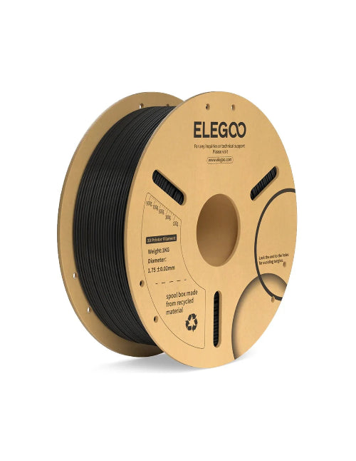 ELEGOO PLA+ 1.75mm 1kg black 3D printer filament on an eco-friendly paper spool with ±0.02mm dimensional accuracy, suitable for most FDM 3D printers.