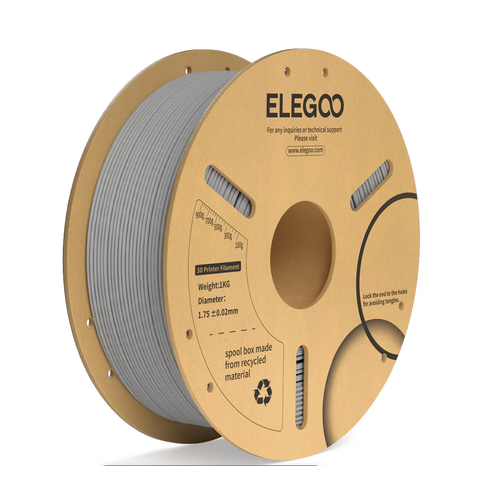 ELEGOO PLA+ 1.75mm 1kg grey 3D printer filament on an eco-friendly paper spool with ±0.02mm dimensional accuracy, compatible with most FDM 3D printers.