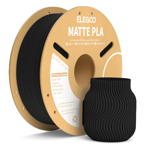 ELEGOO Matte PLA Filament 1.75mm 1kg Paper Spool in Matte Black with a matte-finished 3D printed decorative vase, showcasing the filament's smooth, low-gloss surface and premium print quality.