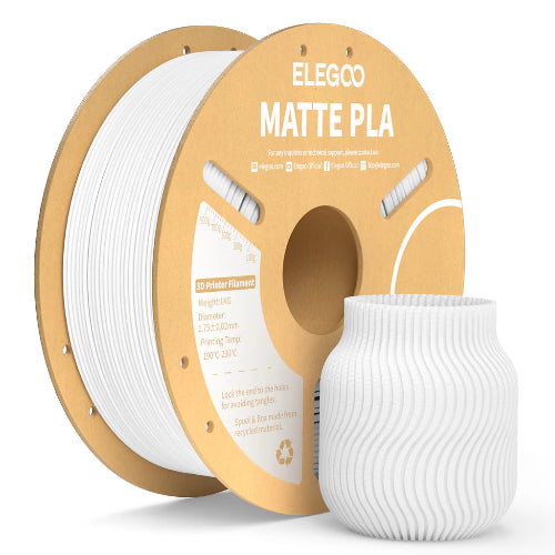 ELEGOO Matte PLA Filament 1.75mm 1kg Paper Spool in Matte White with a matte-finished 3D printed decorative vase, showcasing the filament's smooth, low-gloss surface and premium print quality.