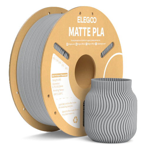 ELEGOO Matte PLA Filament 1.75mm 1kg Paper Spool in Slate Grey with a matte-finished 3D printed decorative vase, showcasing the filament's smooth, low-gloss surface and premium print quality.