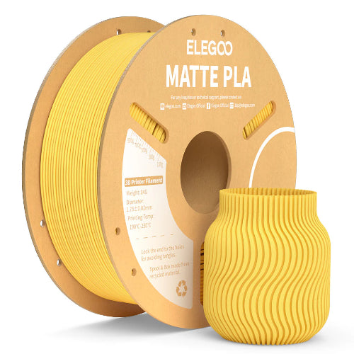ELEGOO Matte PLA Filament 1.75mm 1kg Paper Spool in Sunshine Yellow with a matte-finished 3D printed vase, showcasing the filament's smooth, low-gloss surface and premium print quality.
