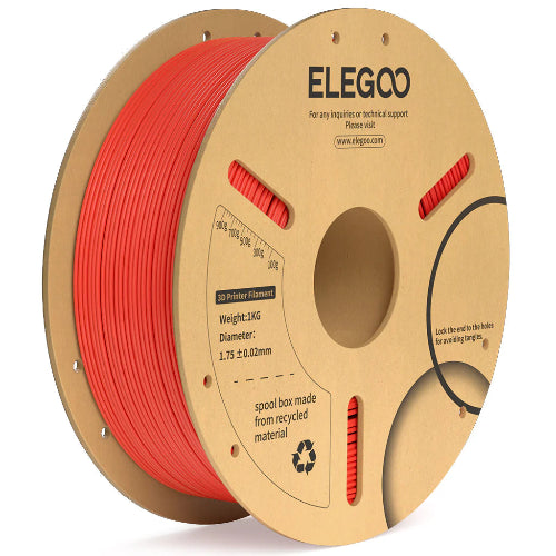 ELEGOO PLA+ 1.75mm 1kg red 3D printer filament on an eco-friendly paper spool with ±0.02mm dimensional accuracy, compatible with most FDM 3D printers.