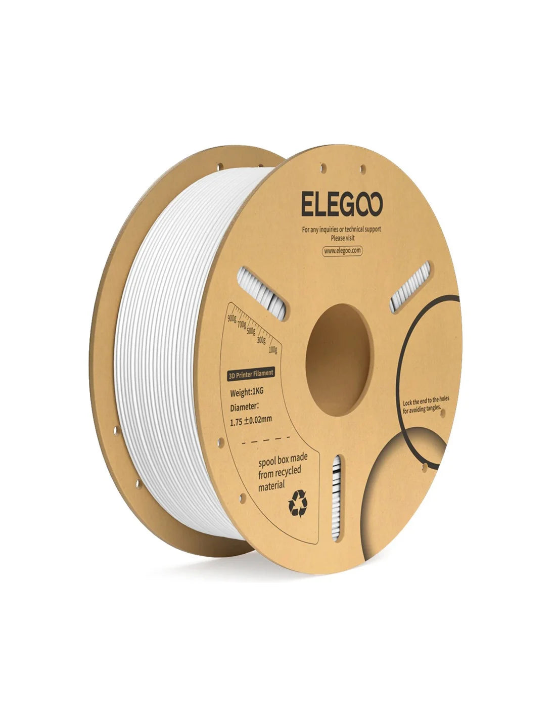 ELEGOO PLA+ 1.75mm 1kg white 3D printer filament on an eco-friendly paper spool with ±0.02mm dimensional accuracy, compatible with most FDM 3D printers.