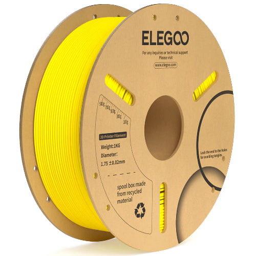 ELEGOO PLA+ 1.75mm 1kg yellow 3D printer filament on an eco-friendly paper spool with ±0.02mm dimensional accuracy, compatible with most FDM 3D printers.