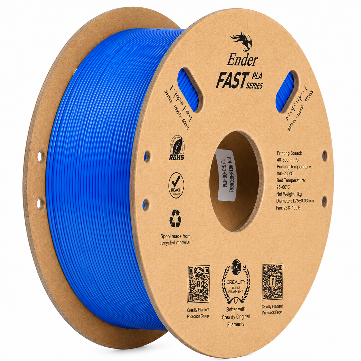Creality Ender Fast PLA Series 1.75mm 3D Printing Filament 1kg in Blue, supplied on an eco-friendly cardboard spool, designed for high-speed printing up to 300mm/s, isolated on a white background.