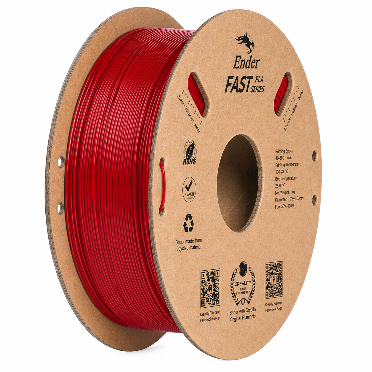 Creality Ender Fast PLA Series 1.75mm 3D Printing Filament 1kg in Fire Red, supplied on an eco-friendly cardboard spool, designed for high-speed printing up to 300mm/s, isolated on a white background.