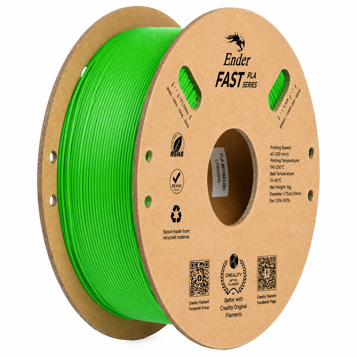 Creality Ender Fast PLA Series 1.75mm 3D Printing Filament 1kg in Green, supplied on an eco-friendly cardboard spool, designed for high-speed printing up to 300mm/s, isolated on a white background.