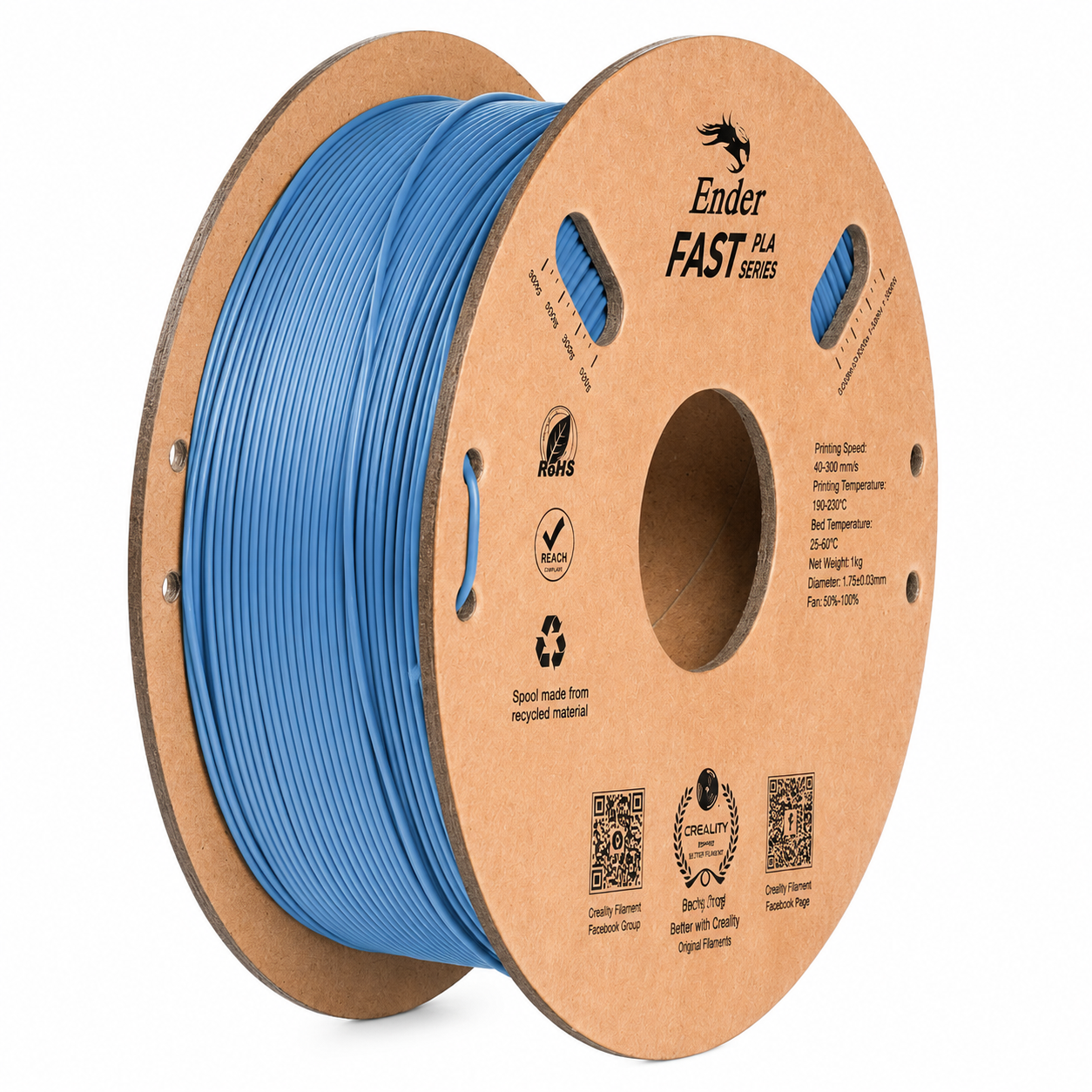 Creality Ender Fast PLA Series 1.75mm 3D Printing Filament 1kg in Grey, supplied on an eco-friendly cardboard spool, designed for high-speed printing up to 300mm/s, isolated on a white background.