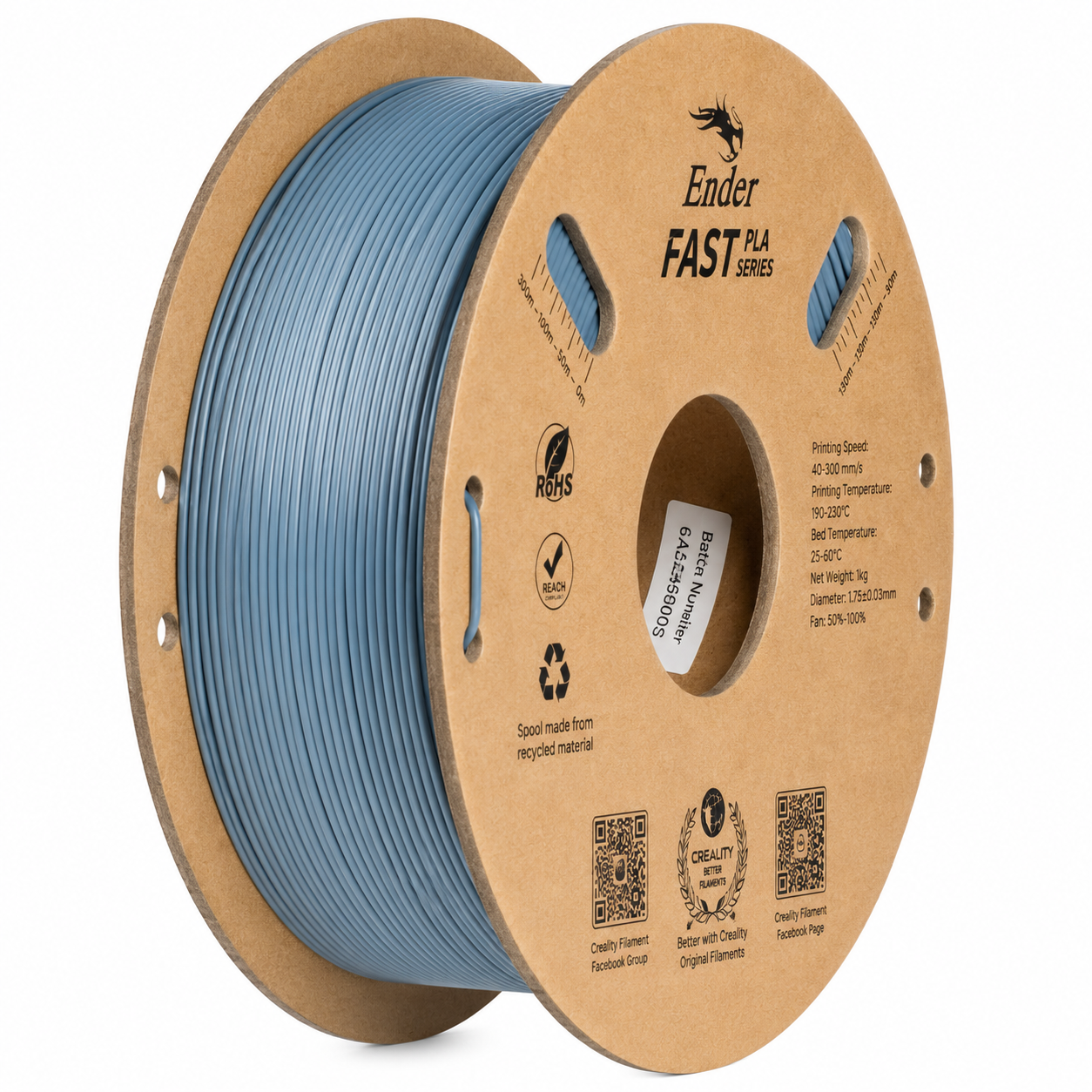 Creality Ender Fast PLA Series 1.75mm 3D Printing Filament 1kg in Light Grey, supplied on an eco-friendly cardboard spool, designed for high-speed printing up to 300mm/s, isolated on a white background.