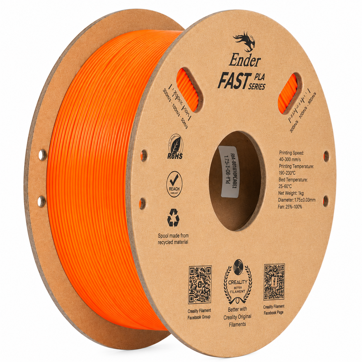 Creality Ender Fast PLA Series 1.75mm 3D Printing Filament 1kg in Orange, supplied on an eco-friendly cardboard spool, designed for high-speed printing up to 300mm/s, isolated on a white background.