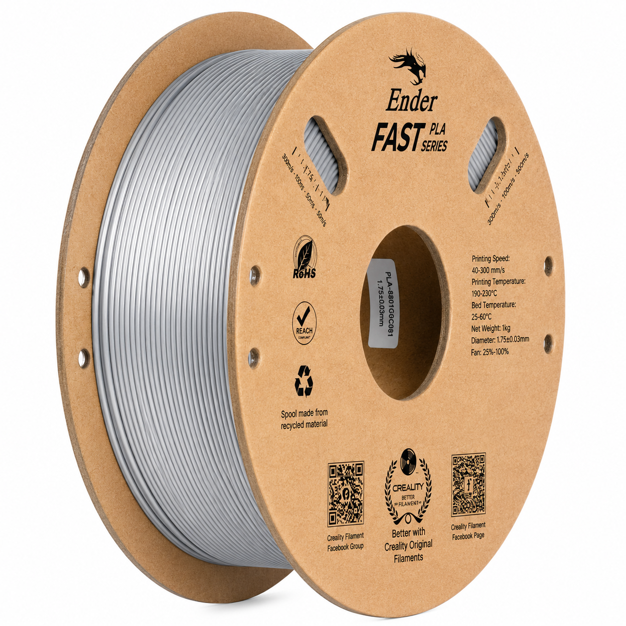 Creality Ender Fast PLA Series 1.75mm 3D Printing Filament 1kg in Silver, supplied on an eco-friendly cardboard spool, designed for high-speed printing up to 300mm/s, isolated on a white background.