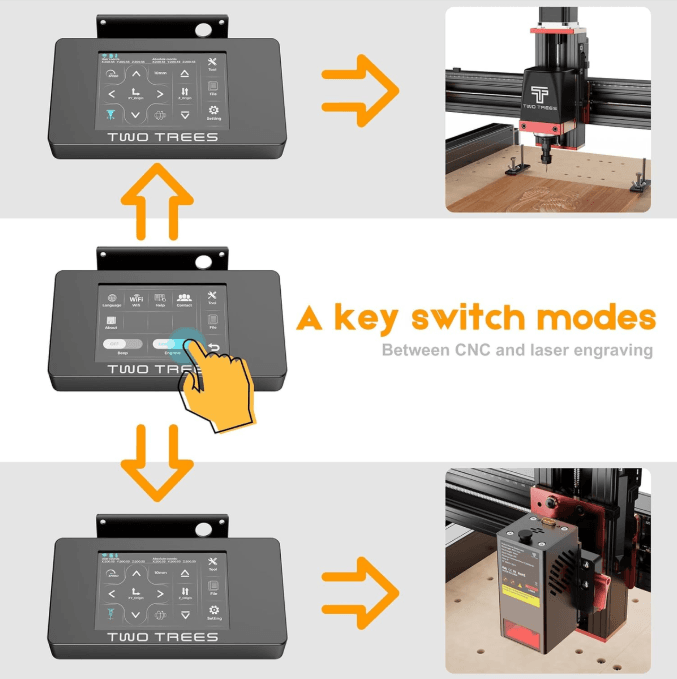 TwoTrees CNC and laser engraving machine with touch screen mode switch, available in South Africa
