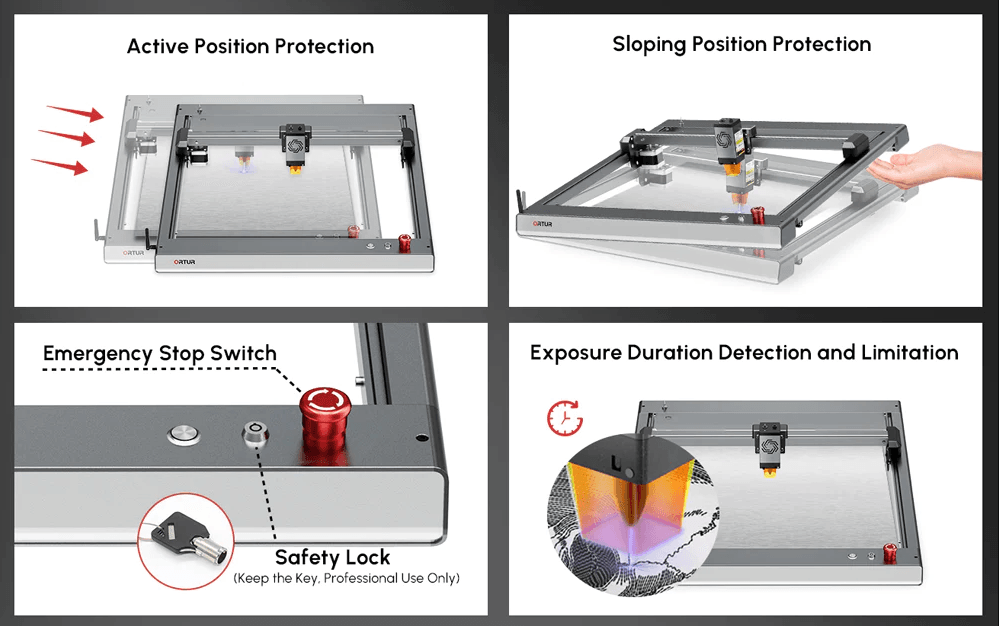 Ortur laser engraver safety features with active protection and emergency stop South Africa