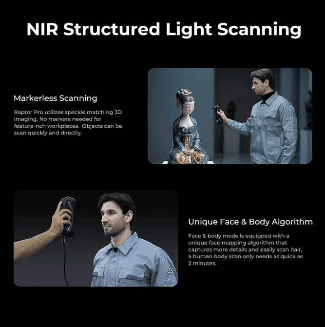 Raptor Pro NIR structured light 3D scanner for markerless scanning and face-body mapping in South Africa