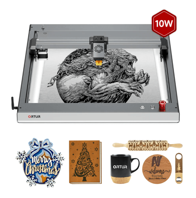 Ortur 10W laser engraver with sample engraved wood and accessories South Africa
