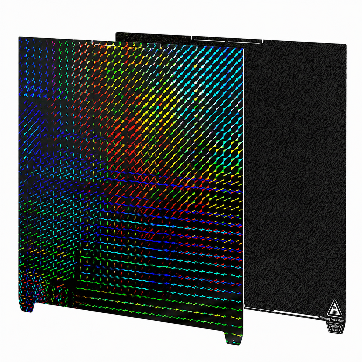 Creality Phantom Black double-sided PEI spring steel build plate for the K2 Plus, featuring a holographic textured PET printing surface on one side and a textured black PEI surface on the reverse for excellent first-layer adhesion and easy model removal.