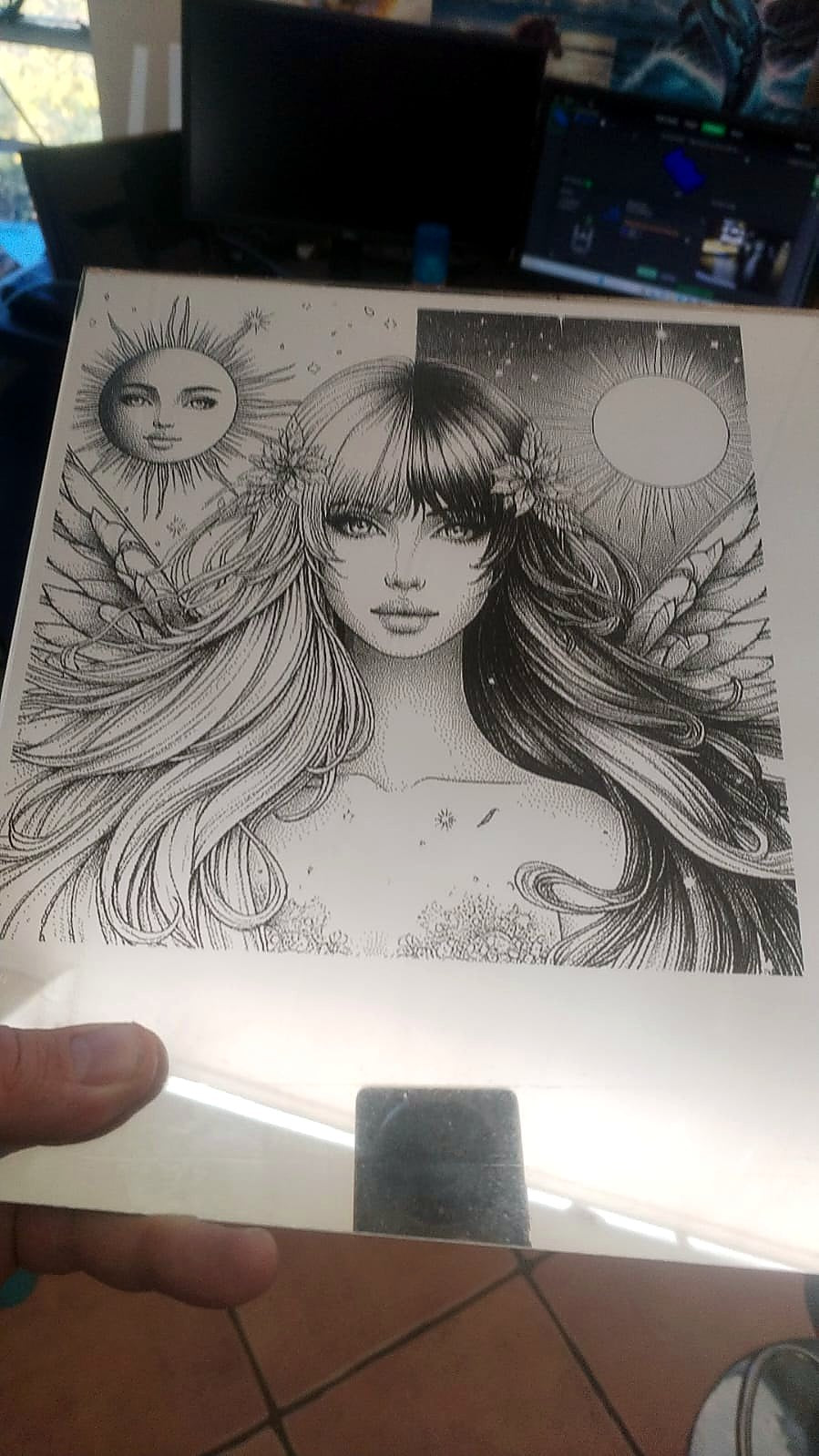 Fine line anime artwork laser engraved on timber