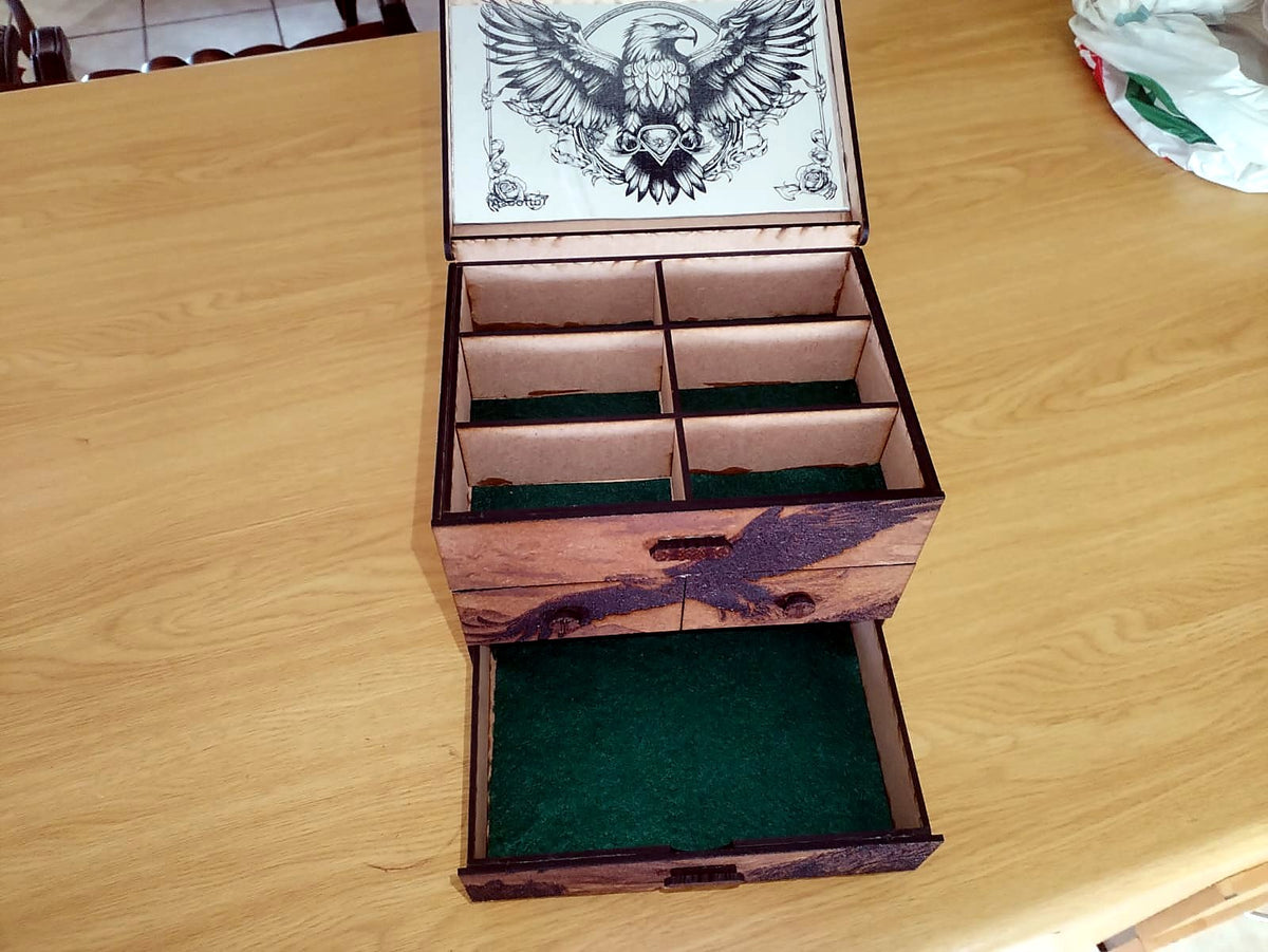 Custom laser engraved timber keepsake box with fitted compartments