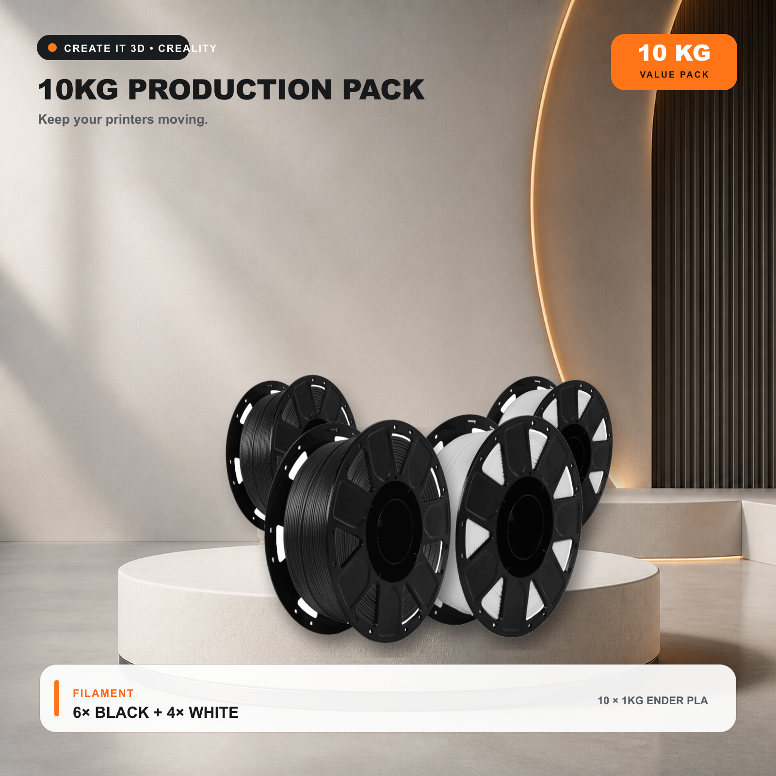 Creality Ender PLA 10kg Production Pack with six black and four white 1kg spools