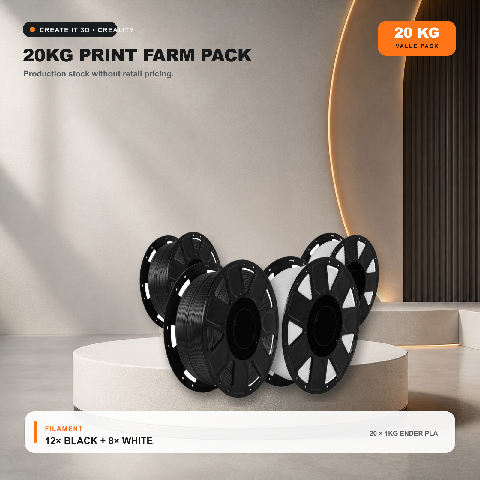 Creality Ender PLA 20kg Print Farm Pack with twelve black and eight white 1kg spools