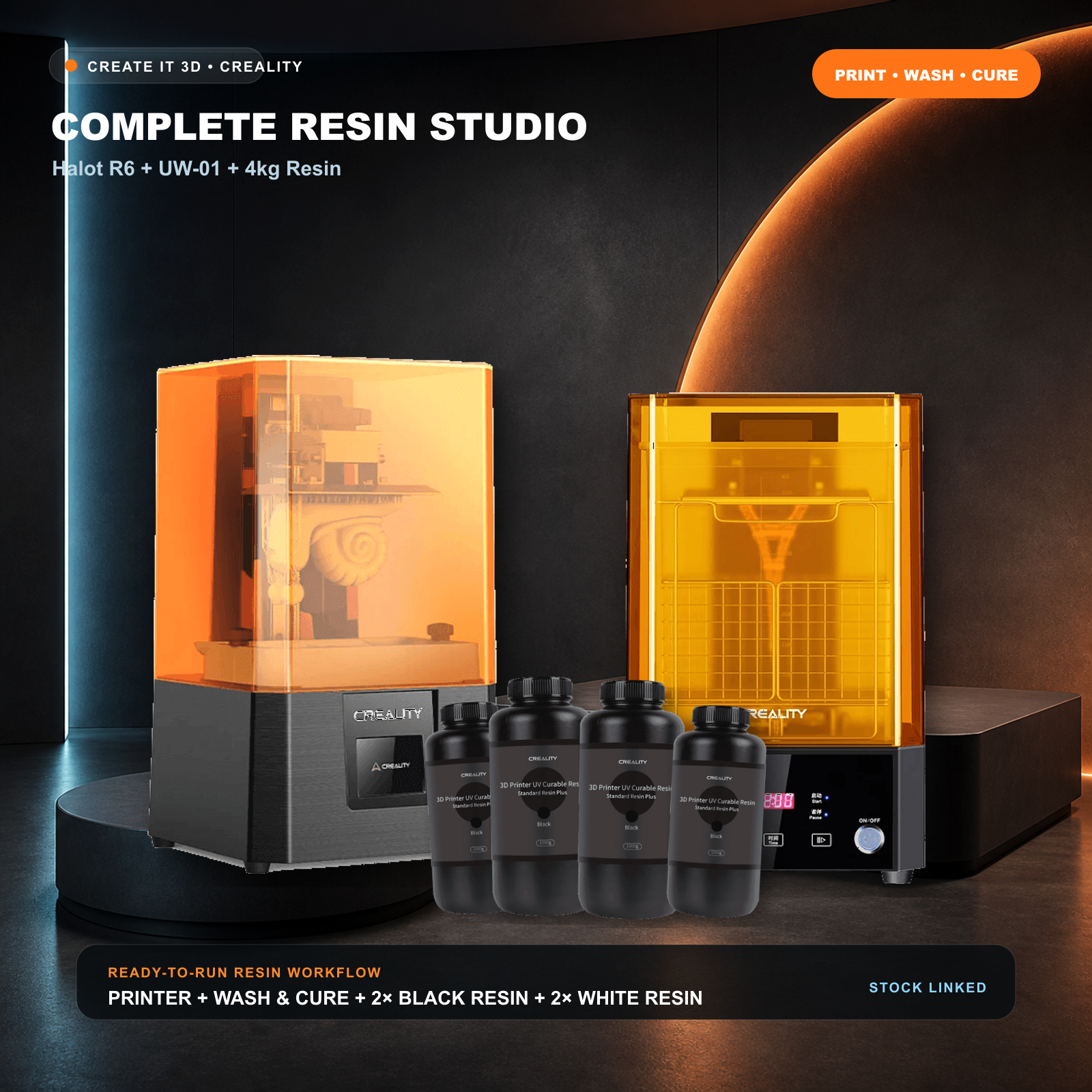 Creality Halot R6 complete resin studio with UW-01 and four 1kg resin bottles