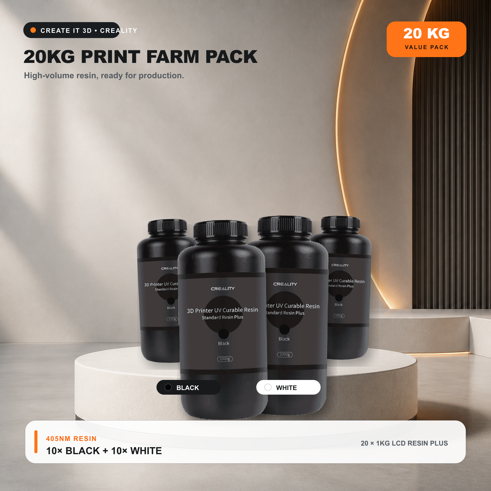 Creality Standard LCD Resin Plus 20kg Print Farm Pack with ten black and ten white 1kg bottles
