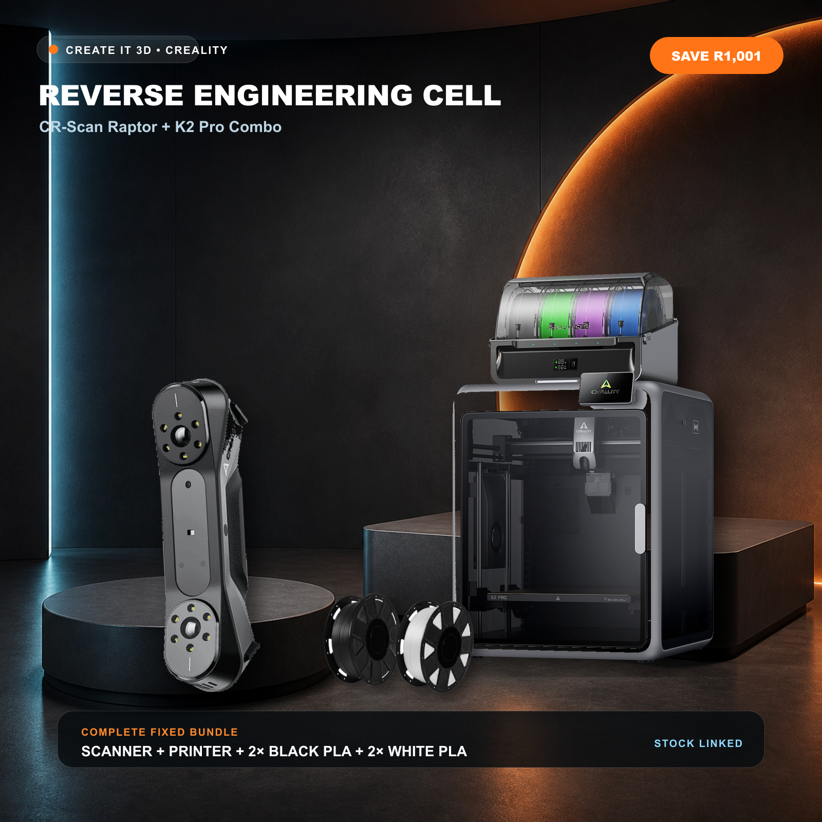 Creality CR-Scan Raptor, K2 Pro Combo and four Ender PLA spools in a premium reverse-engineering bundle