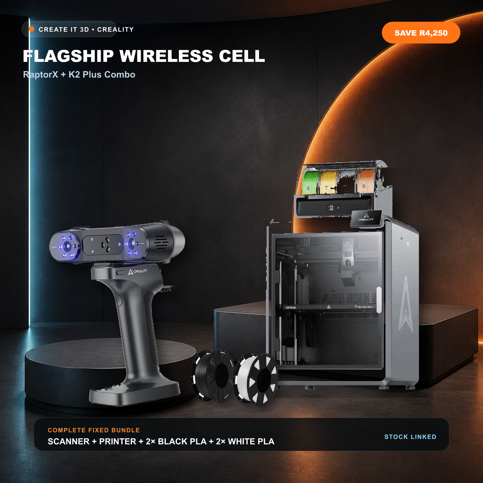 Creality RaptorX, K2 Plus Combo and four Ender PLA spools in a premium flagship bundle