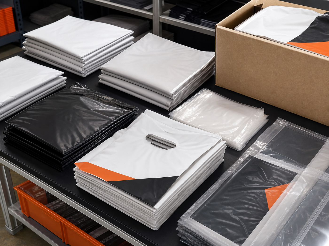 Representative finished production run of custom plastic bags and courier mailers