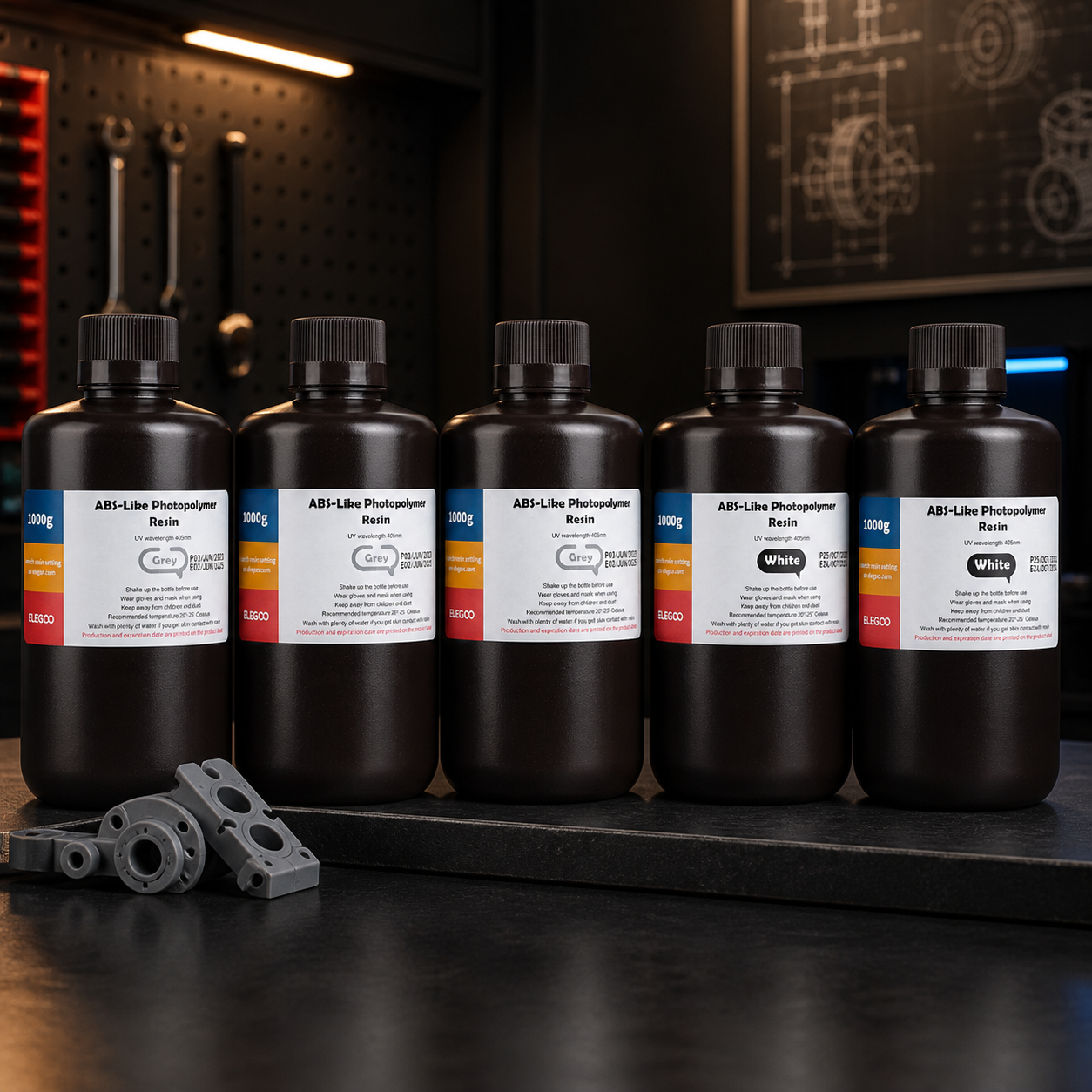 Elegoo ABS-Like Resin V1.0 5 kg engineering pack with three grey and two white bottles
