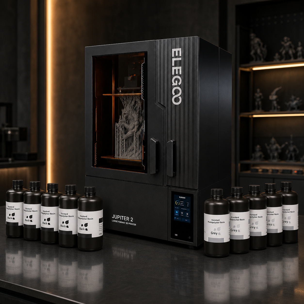 Elegoo Jupiter 2 large-format resin production pack with ten 1 kg resin bottles