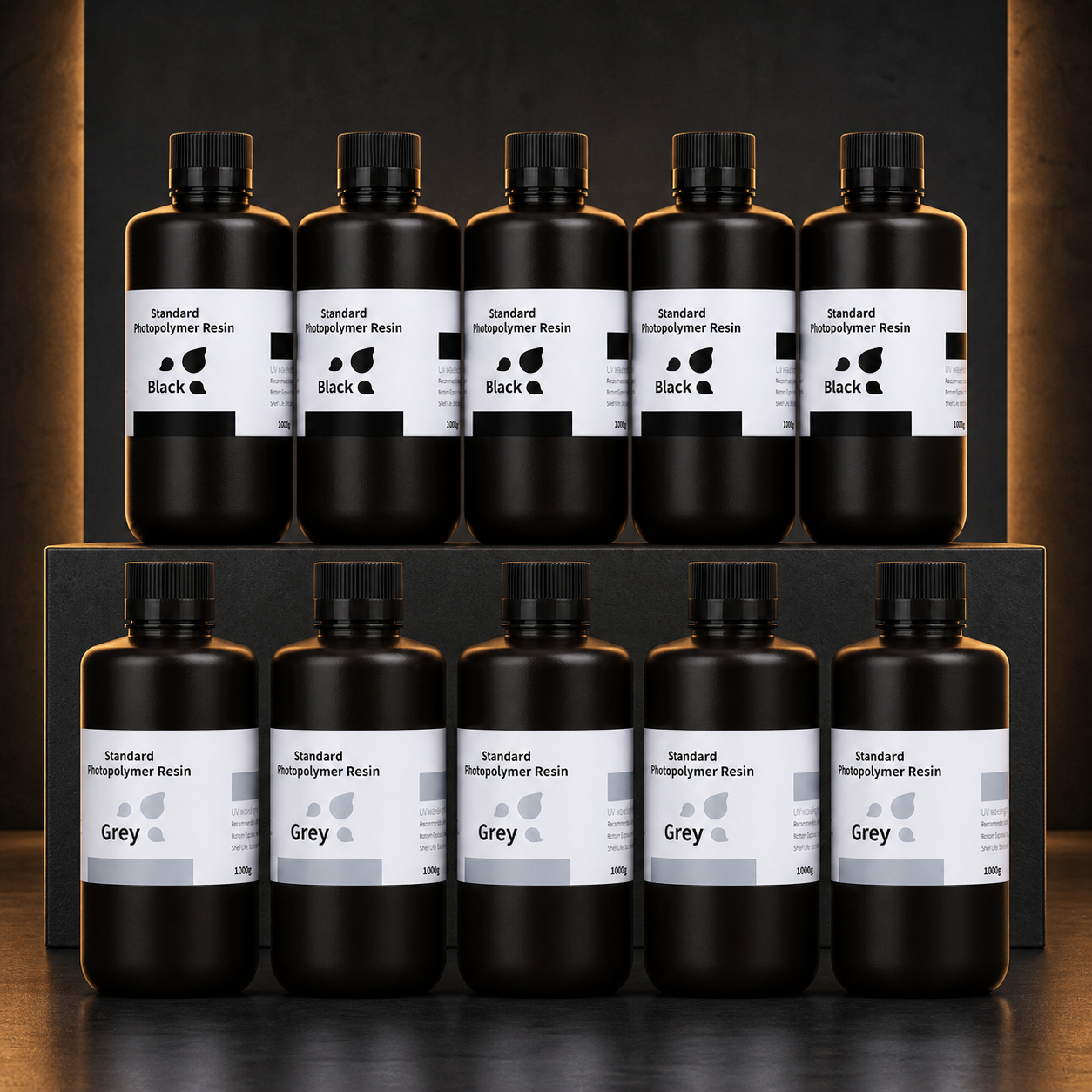 Elegoo Standard Resin V1.0 10 kg production pack with five black and five grey bottles
