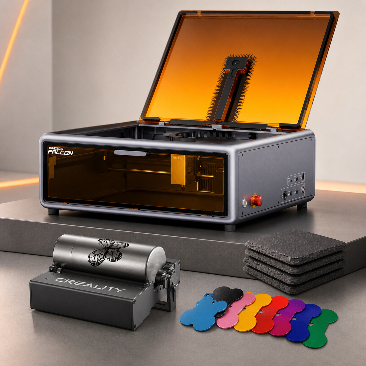 Creality Falcon A1 10W laser business launch kit with rotary roller, slate coasters and aluminium dog tags
