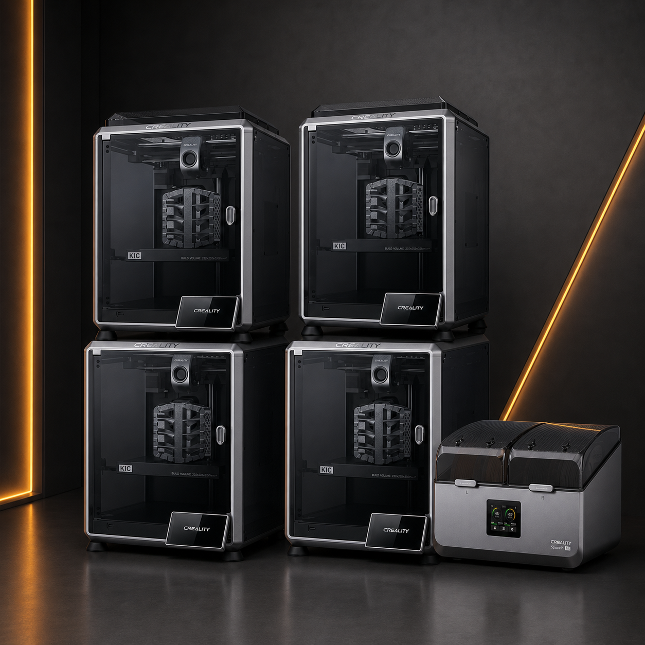 Four Creality K1C 2025 printers with Space Pi X4 dryer