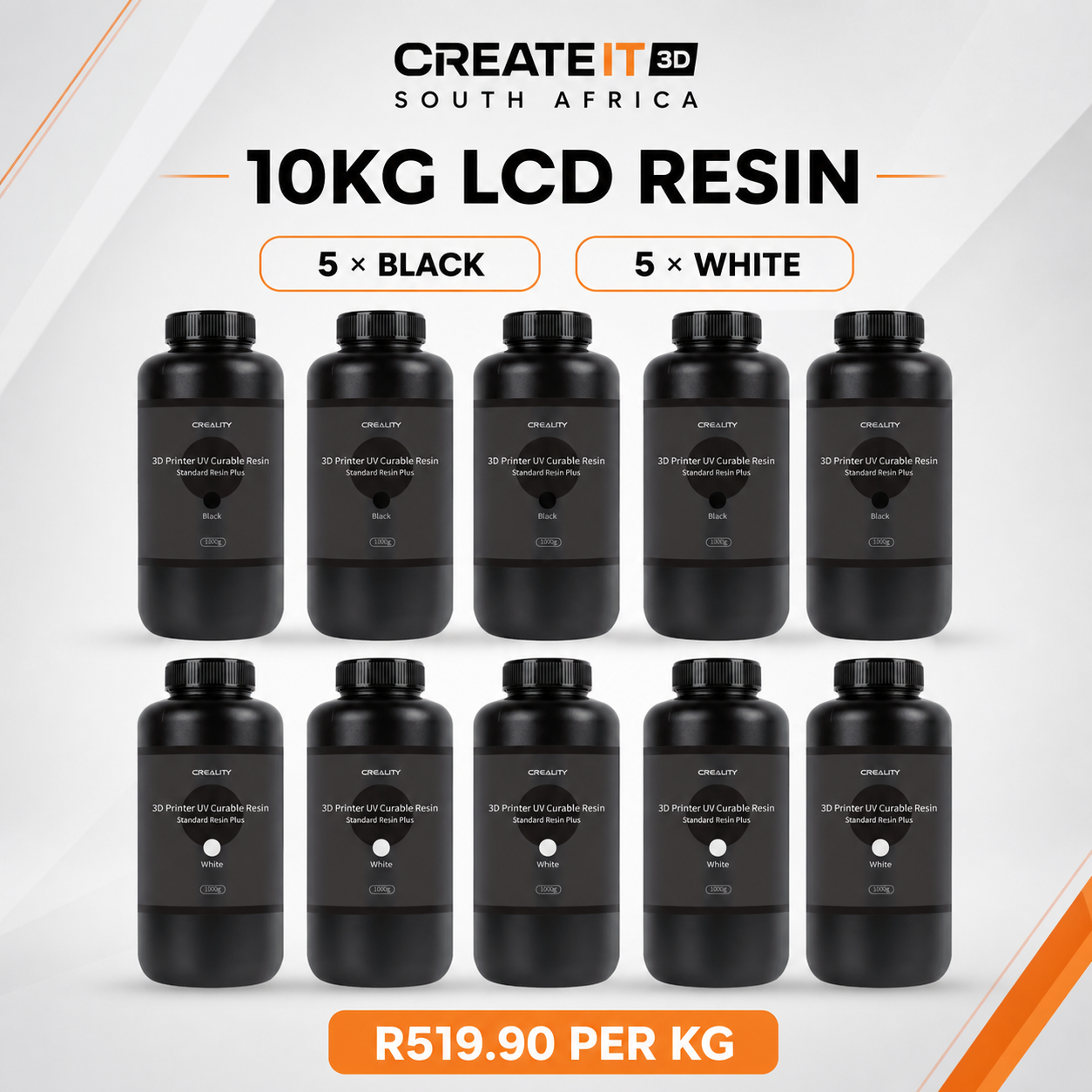 Creality LCD resin 10kg pack with five black and five white bottles
