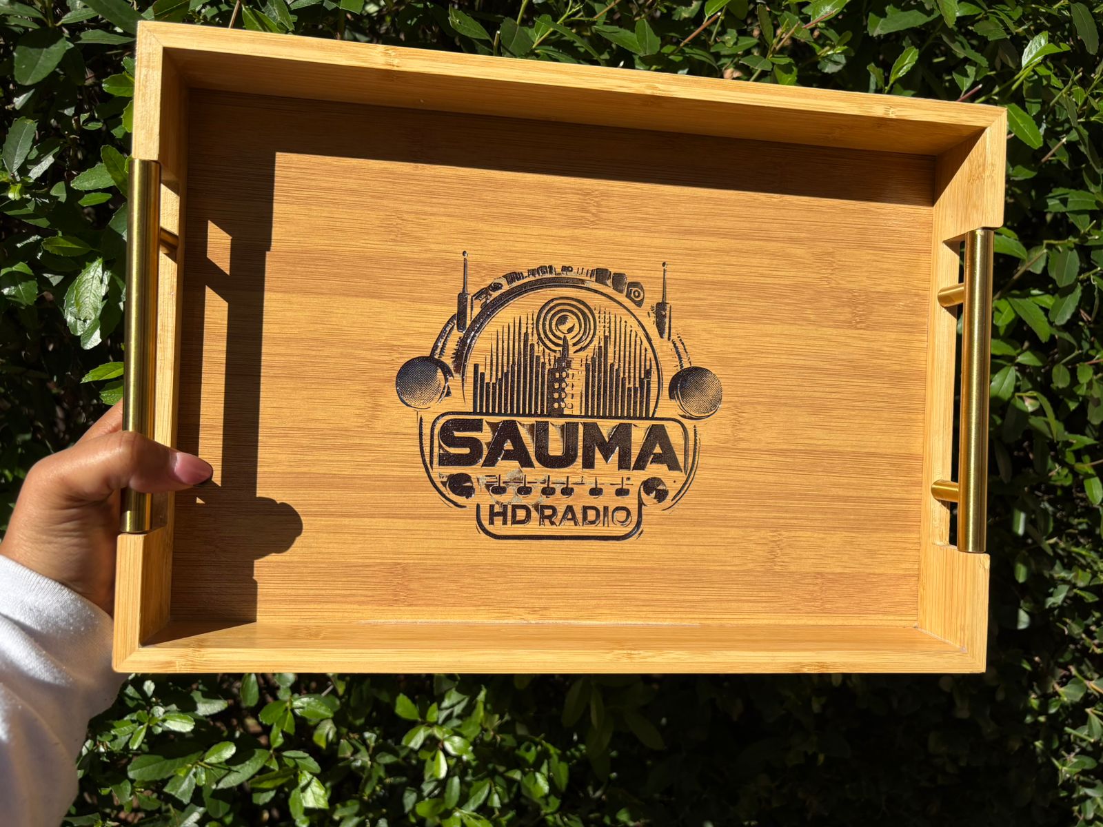 Custom engraved bamboo tray made with a 20W diode laser starter business pack