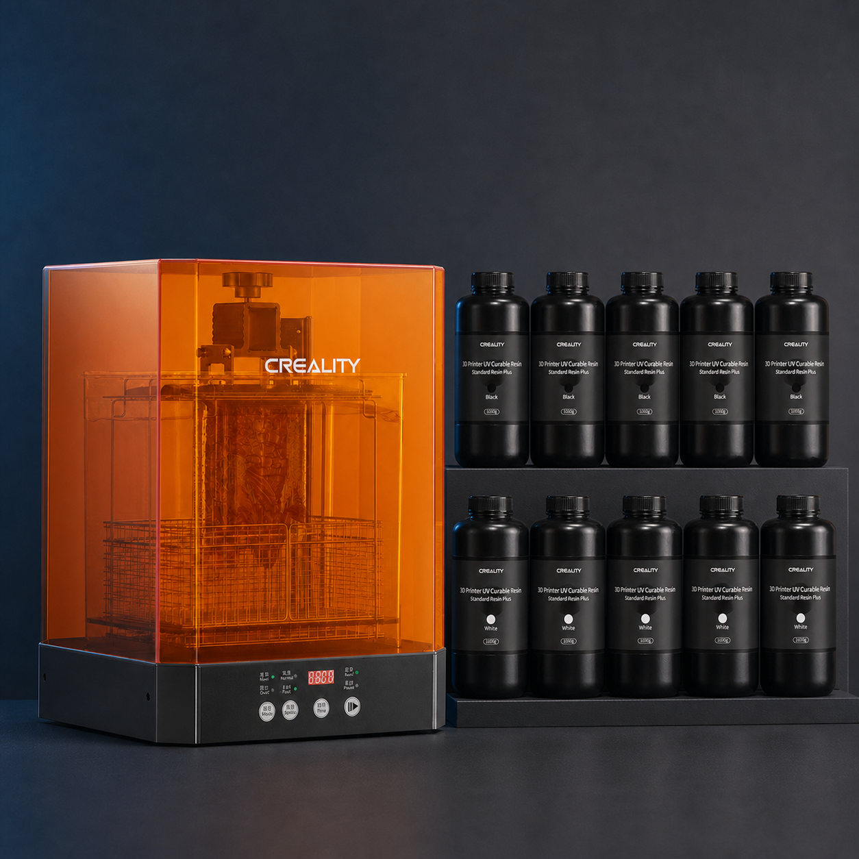 Creality UW-03 wash and cure station with five black and five white 1kg LCD resin bottles