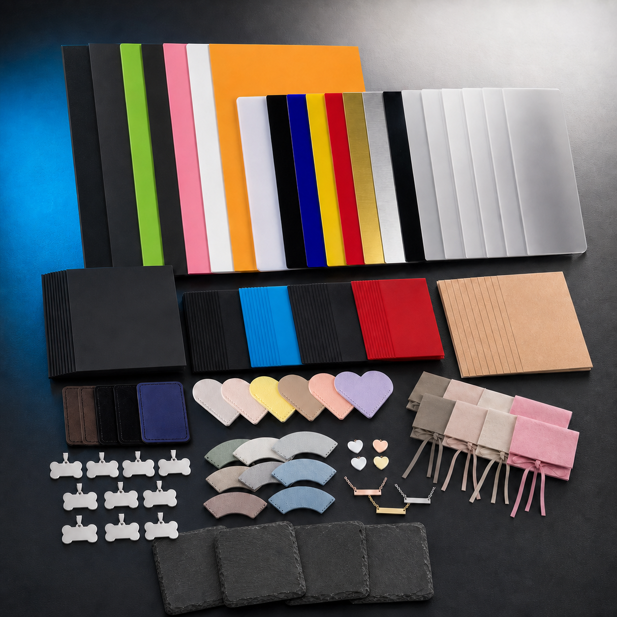 xTool F1 F2 material business launch pack with 125-piece kit, acrylic, 10 dog tags and 4 slate coasters